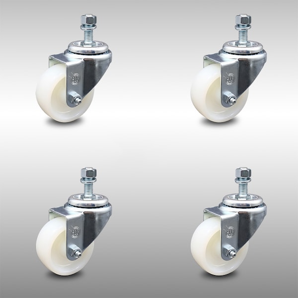 3 Inch SS Nylon Wheel Swivel 12mm Threaded Stem Caster Set